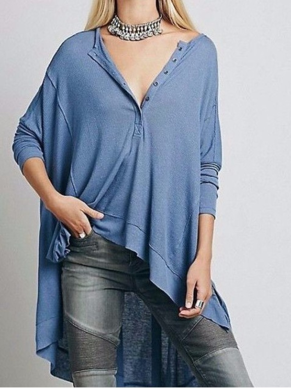 Free People Benedict Canyon Oversized Henley in Cadet Blue